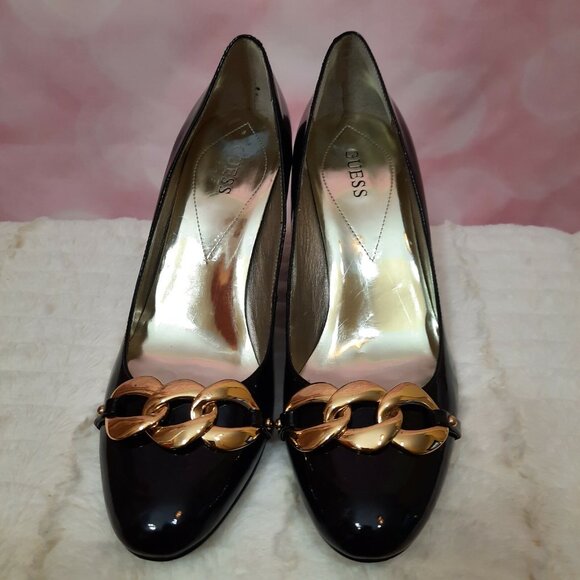 Guess Black Patent Leather Pumps US Size 9 High Heels Gold Chain Detail shoes - Picture 4 of 11